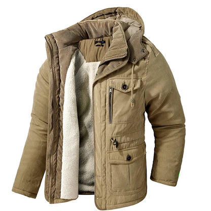 Mit Fleece gefütterte Jacke - Warme Winterjacke mit Kapuze und Taschen für Männer-Khaki-S-Chaps Herrenmode
