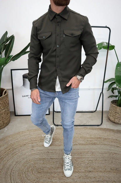 OverShirt - Herren Button-Up Langarm Shirt Jacke mit Brusttaschen-Armeegrün-S-Chaps Herrenmode