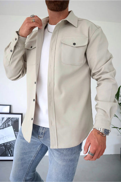 Overshirt – Langärmliges Herrenhemd mit Brusttaschen und Knöpfen-Creme-S-Chaps Herrenmode