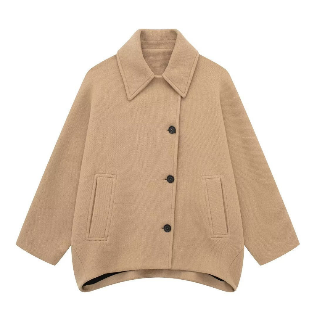 Oversized Jacke – Beige Damenjacke mit Kragen und einreihiger Knopfleiste-Beige-XS-Chaps Herrenmode
