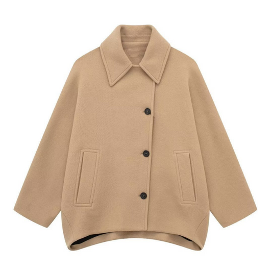 Oversized Jacke – Beige Damenjacke mit Kragen und einreihiger Knopfleiste-Beige-XS-Chaps Herrenmode