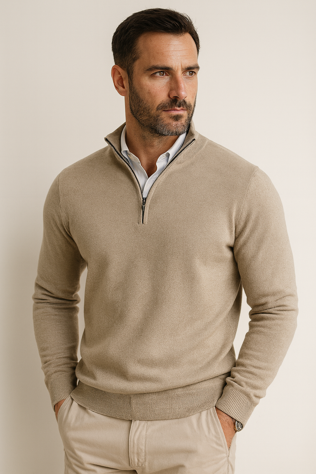 Polo Jumper – Strickpullover mit Viertelreißverschluss für Herren-Beige-S-Chaps Herrenmode