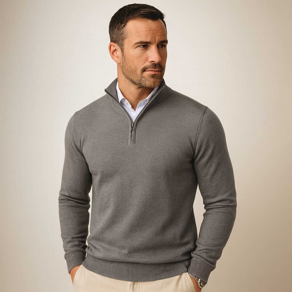 Polo Jumper – Strickpullover mit Viertelreißverschluss für Herren-Dunkelgrau-S-Chaps Herrenmode