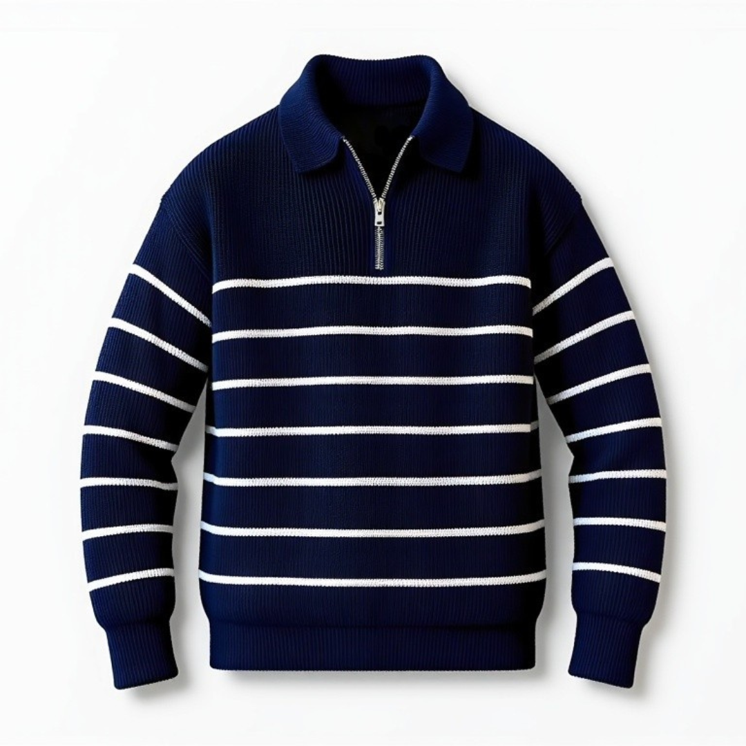Polo-Pullover | Gestreift | Blau | Pullover mit Viertelreißverschluss | Herrenpullover mit halbem Reißverschluss-Marineblau-S-Chaps Herrenmode