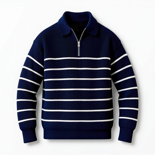 Polo-Pullover | Gestreift | Blau | Pullover mit Viertelreißverschluss | Herrenpullover mit halbem Reißverschluss-Marineblau-S-Chaps Herrenmode
