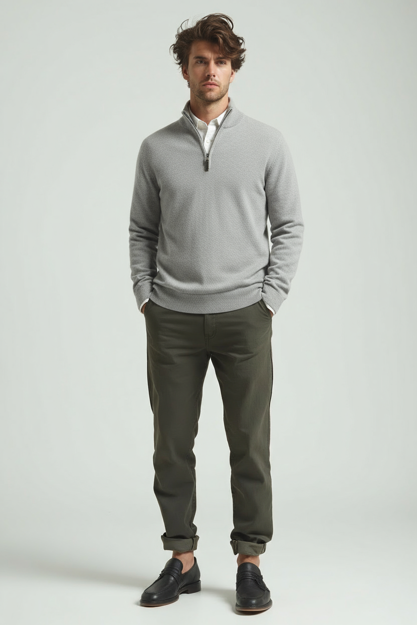 Polo-Pullover | Halb-Reißverschluss | Gestrickt | Viertel-Reißverschluss-Pullover | Herrenpullover-Hellgrau-M-Chaps Herrenmode