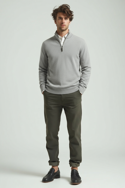 Polo-Pullover | Halb-Reißverschluss | Gestrickt | Viertel-Reißverschluss-Pullover | Herrenpullover-Hellgrau-M-Chaps Herrenmode
