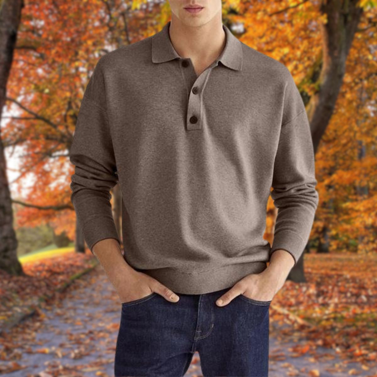 Polo-Pullover – Knopfleiste am Hals – Kragen – Pullover – Herrenpullover-Beige-S-Chaps Herrenmode