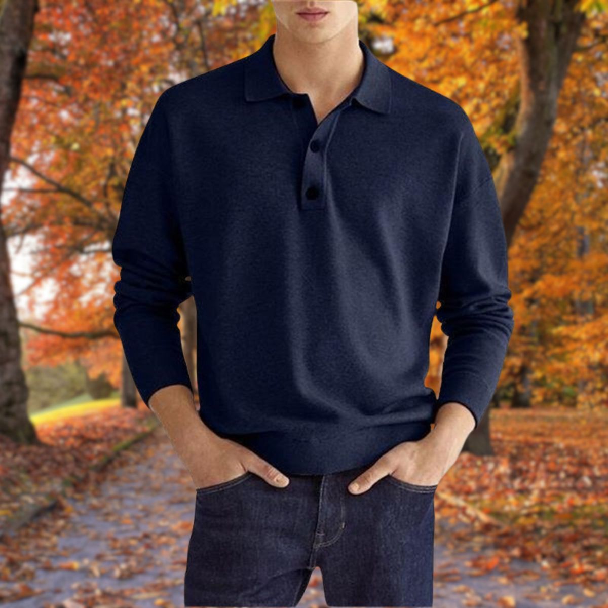 Polo-Pullover – Knopfleiste am Hals – Kragen – Pullover – Herrenpullover-Blau-S-Chaps Herrenmode