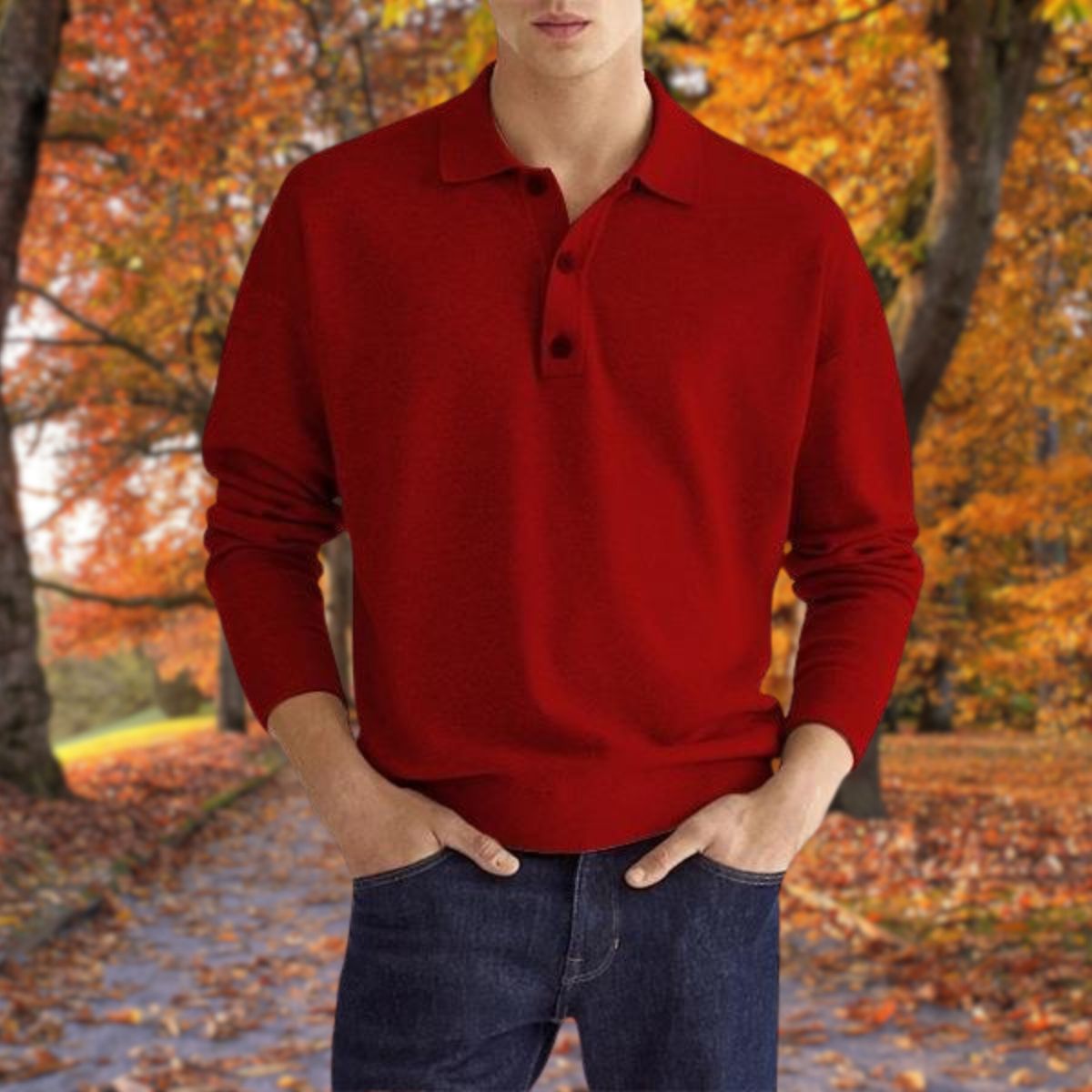 Polo-Pullover – Knopfleiste am Hals – Kragen – Pullover – Herrenpullover-Rot-S-Chaps Herrenmode