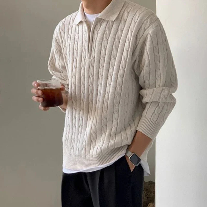 Polo-Pullover | Mit Kragen | Halber Reißverschluss | Zopfmuster-Pullover | Herren-Pullover mit Viertelreißverschluss-Beige-S-Chaps Herrenmode