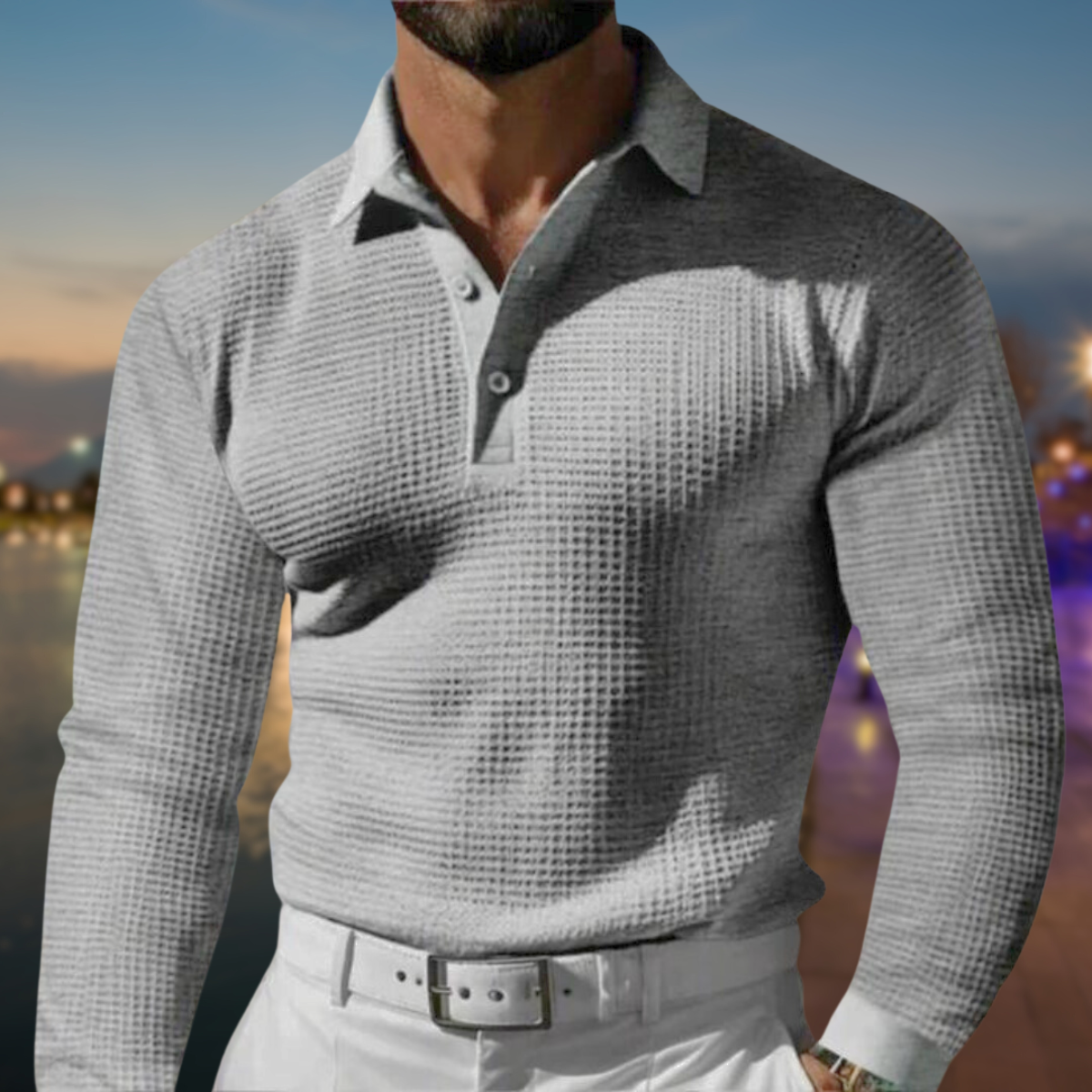 Polo-Pullover – mit Kragen – Knopfleiste – Waffelstrickpullover – Herrenpullover-Grau-S-Chaps Herrenmode