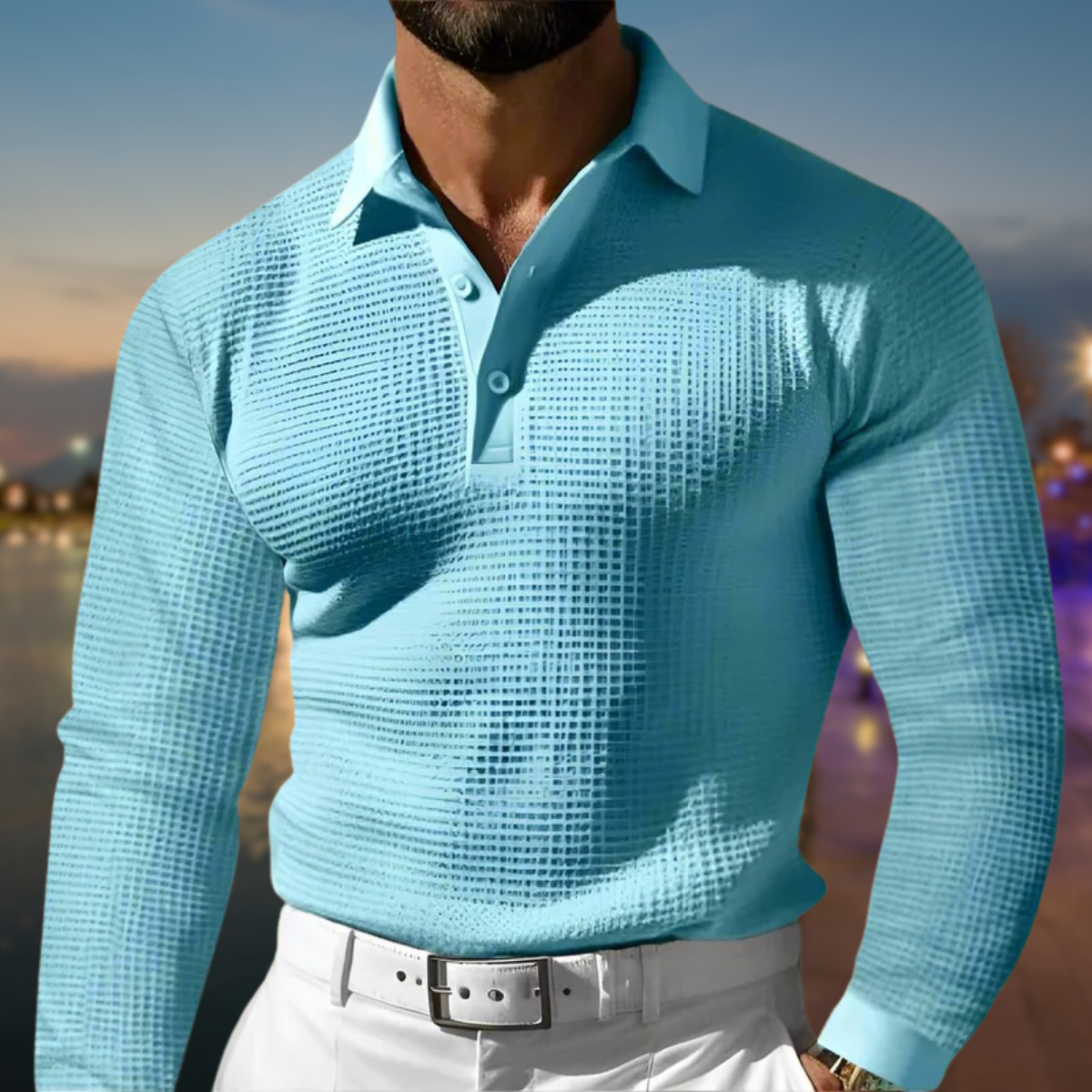 Polo-Pullover – mit Kragen – Knopfleiste – Waffelstrickpullover – Herrenpullover-Hellblau-S-Chaps Herrenmode