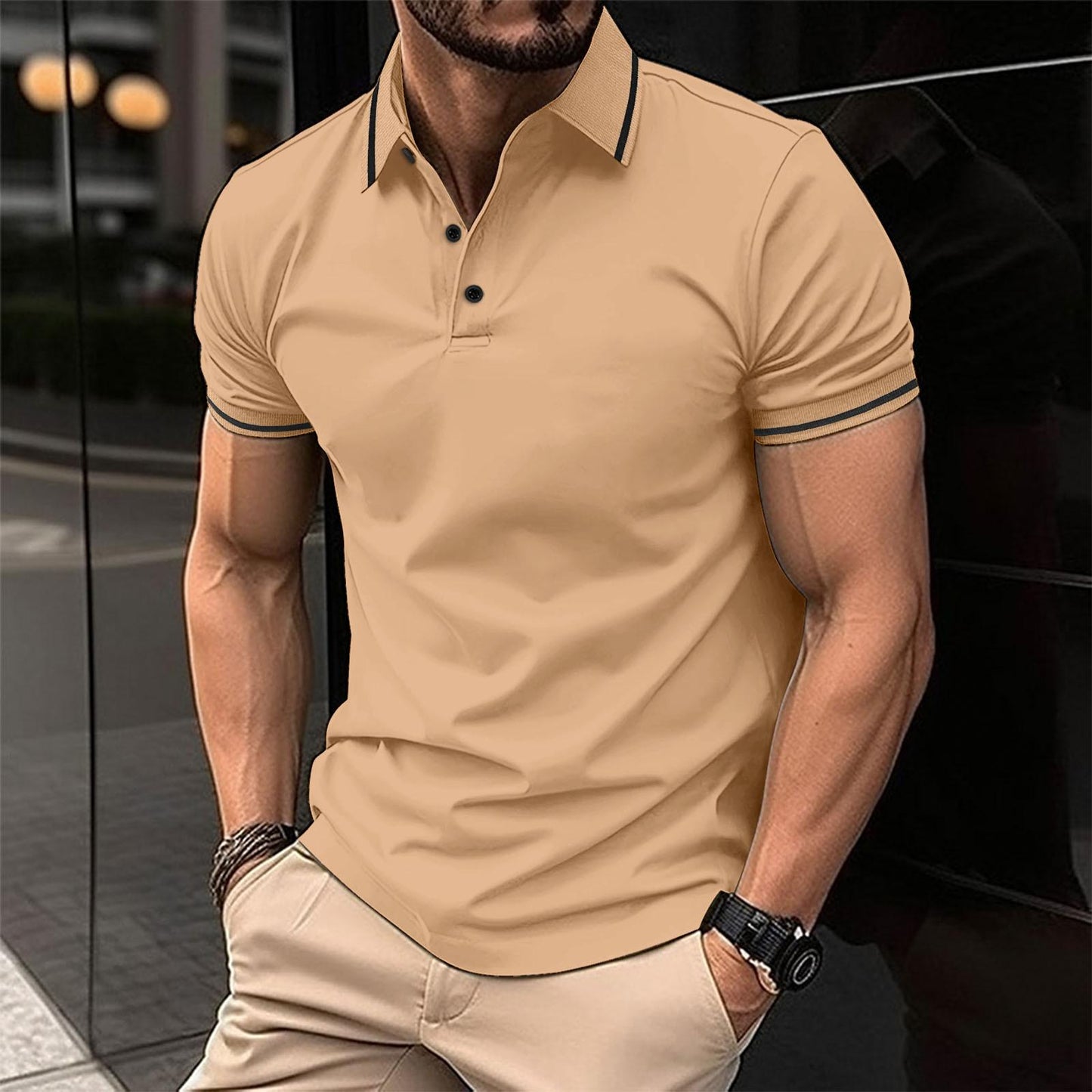 Polo-Shirt – Herren-Polohemd mit Knöpfen, Kragen und kurzen Ärmeln-Hellbraun-S-Chaps Herrenmode