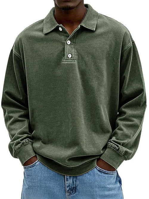 Polo Sweatshirt - Herren Pullover mit Knopfleiste und Kragen-Armeegrün-S-Chaps Herrenmode