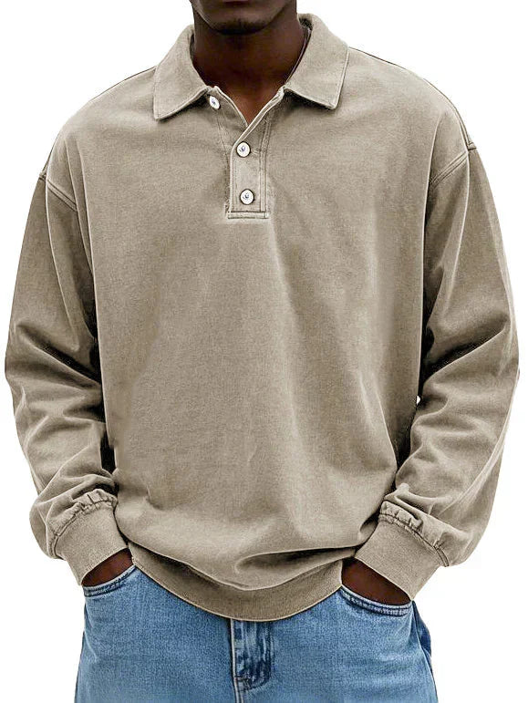 Polo Sweatshirt - Herren Pullover mit Knopfleiste und Kragen-Beige-S-Chaps Herrenmode