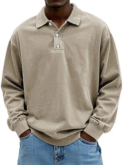 Polo Sweatshirt - Herren Pullover mit Knopfleiste und Kragen-Beige-S-Chaps Herrenmode