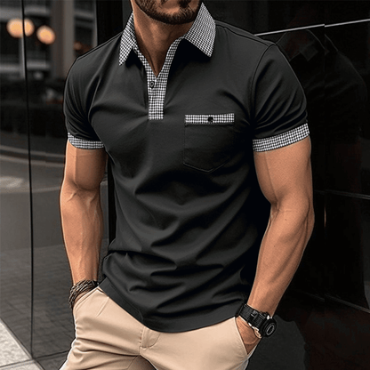 Polo-T-Shirt | Kurzarm | Brusttasche | Hemd mit Kragen | Herrenhemden-Schwarz-S-Chaps Herrenmode