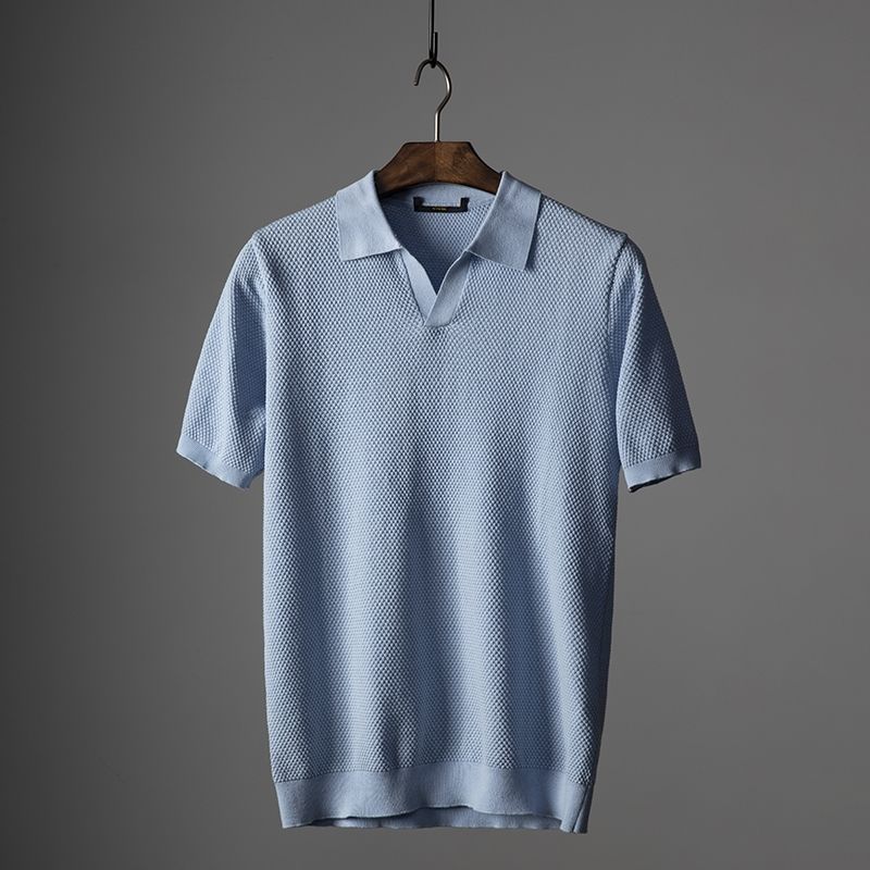 Polo-T-Shirt | V-Ausschnitt | Kurzarm | Polo ohne Knöpfe | Herrenhemden-Hellblau-S-Chaps Herrenmode