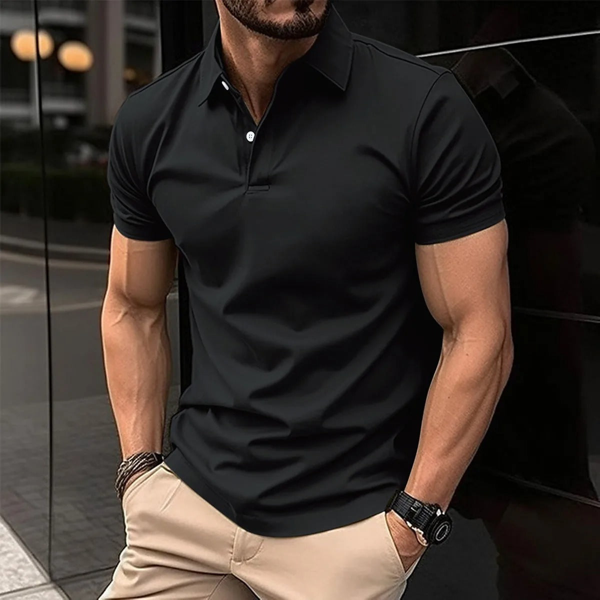 Polo-T-Shirt – halblanger Knopfleiste – Umlegekragen – Polo-Shirts – T-Shirts für Herren-Zwart-S-Chaps Herrenmode