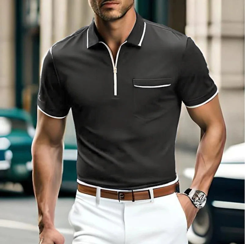 Polohemd - Halber Reißverschluss - Brusttasche - Polo T-Shirt - Herrenhemd-Dunkelgrau-S-Chaps Herrenmode
