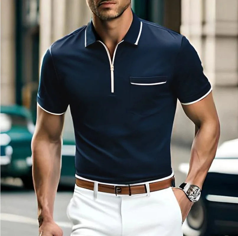 Polohemd - Halber Reißverschluss - Brusttasche - Polo T-Shirt - Herrenhemd-Marineblau-S-Chaps Herrenmode