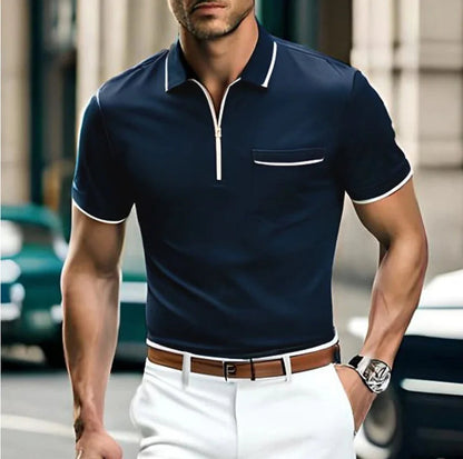 Polohemd - Halber Reißverschluss - Brusttasche - Polo T-Shirt - Herrenhemd-Marineblau-S-Chaps Herrenmode