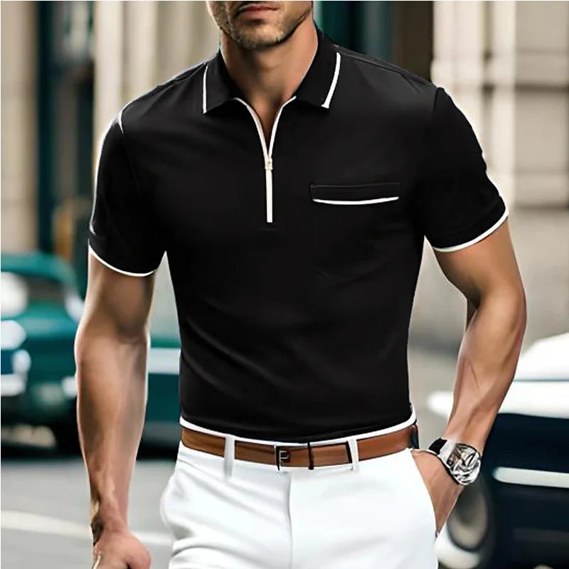 Polohemd - Halber Reißverschluss - Brusttasche - Polo T-Shirt - Herrenhemd-Schwarz-S-Chaps Herrenmode