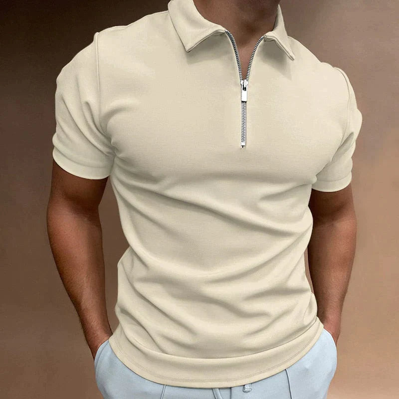 Polohemd – Herren-Kurzarmhemd Mit Umlegekragen und Halbem Reißverschluss-Beige-S-Chaps Herrenmode