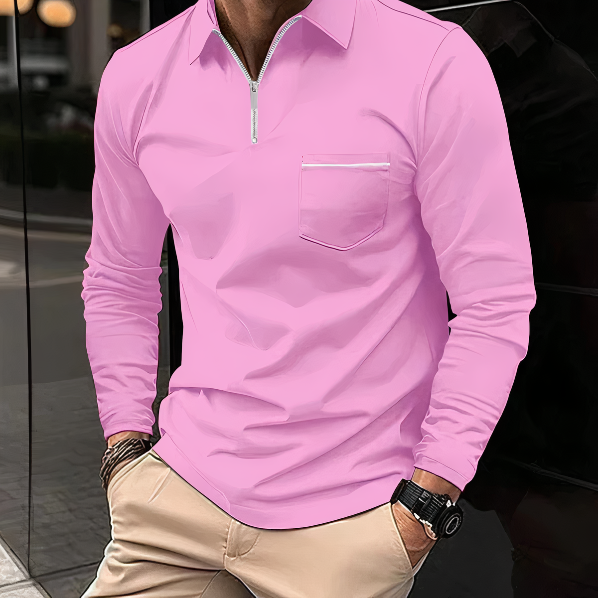 Polohemd – Langarm – Brusttasche – Hemd mit halbem Reißverschluss – Herrenhemd-Rosa-S-Chaps Herrenmode