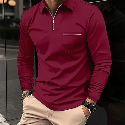 Polohemd – Langarm – Brusttasche – Hemd mit halbem Reißverschluss – Herrenhemd-Rot-S-Chaps Herrenmode
