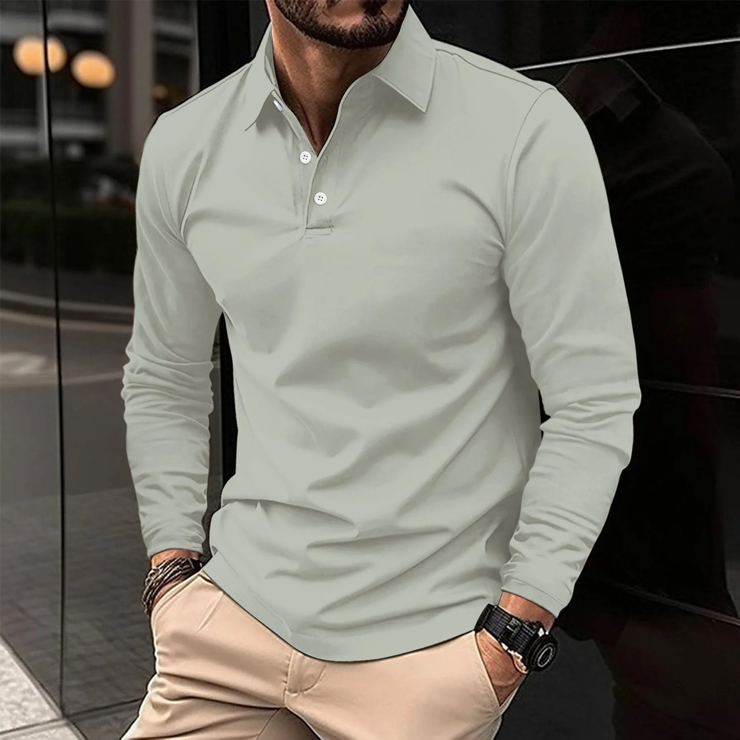 Polohemd – Langärmliges Polohemd mit Kragen für Männer-Grau-S-Chaps Herrenmode