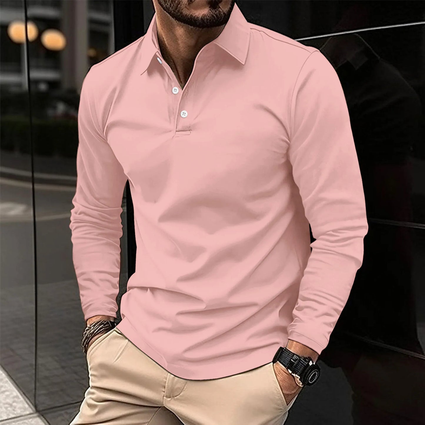 Polohemd – Langärmliges Polohemd mit Kragen für Männer-Hellrosa-S-Chaps Herrenmode
