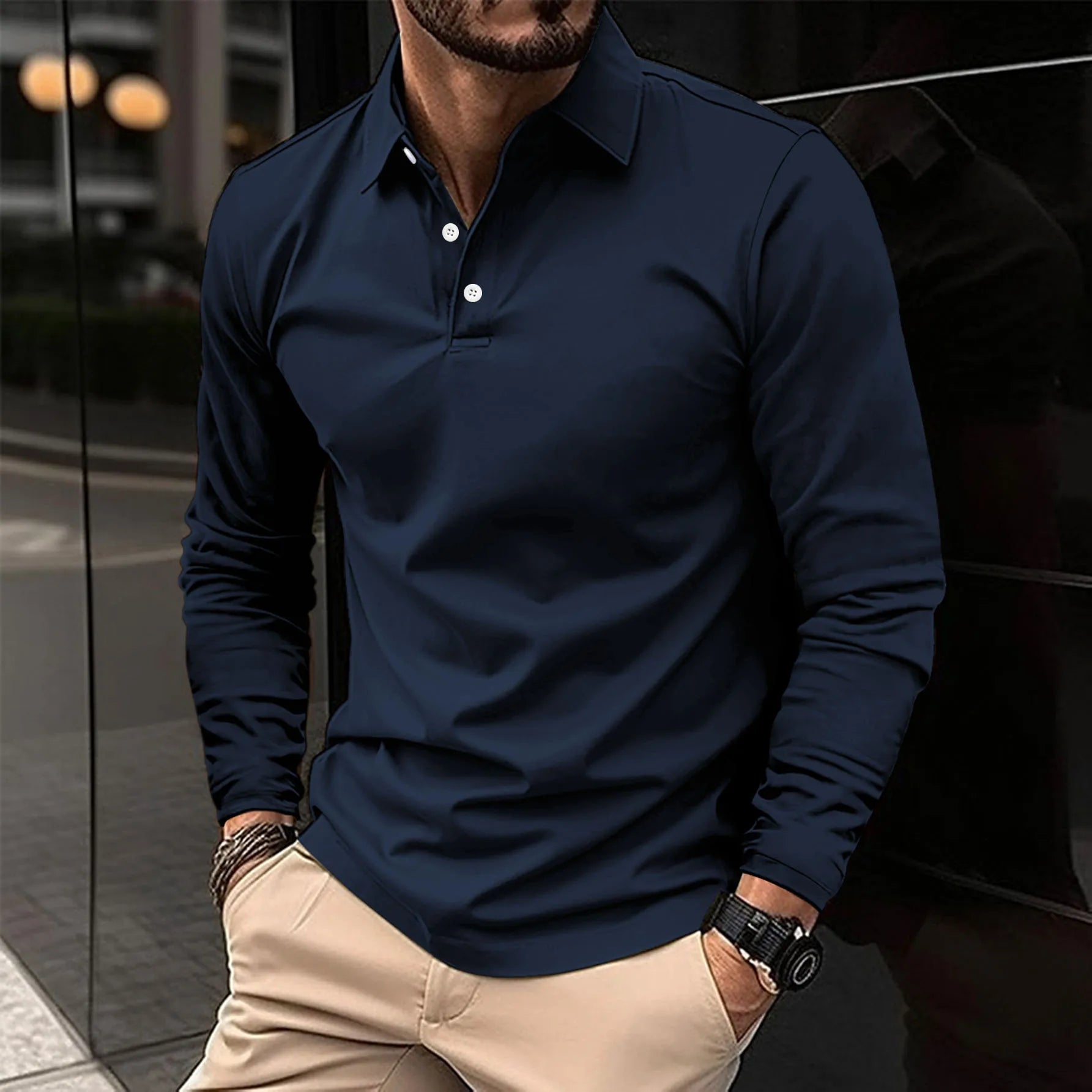 Polohemd – Langärmliges Polohemd mit Kragen für Männer-Marineblau-S-Chaps Herrenmode
