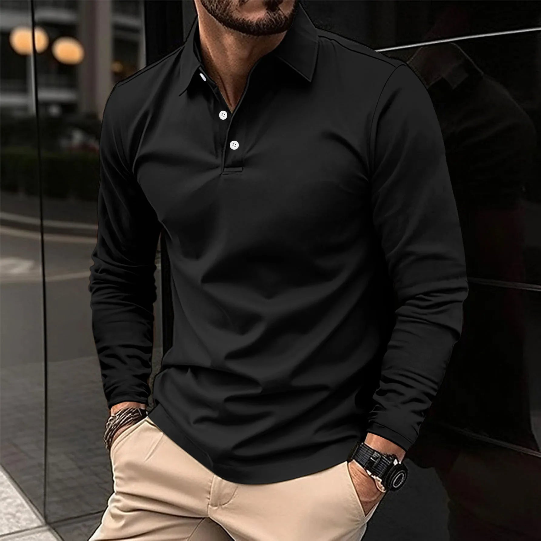 Polohemd – Langärmliges Polohemd mit Kragen für Männer-Schwarz-S-Chaps Herrenmode