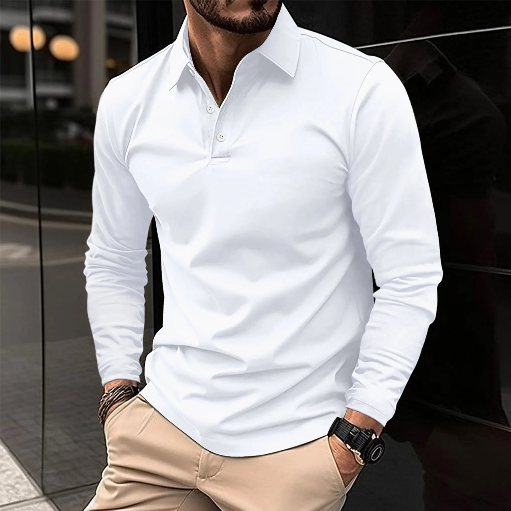 Polohemd – Langärmliges Polohemd mit Kragen für Männer-Weiß-S-Chaps Herrenmode