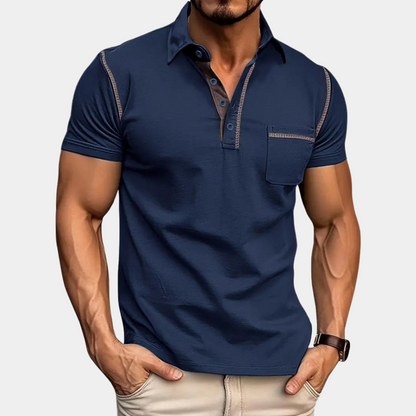 Polohemd - Revers - Brusttasche - Kurzarm-Polohemd - Polohemden für Männer-Marineblau-S-Chaps Herrenmode