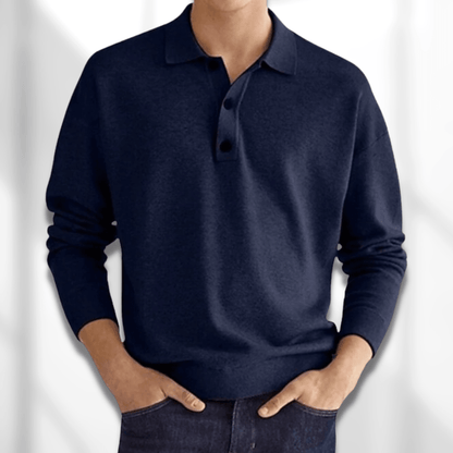 Polopullover - Herren Langarm-Poloshirt Pullover mit Kragen-Blau-S-Chaps Herrenmode