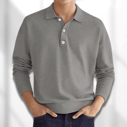 Polopullover - Herren Langarm-Poloshirt Pullover mit Kragen-Grau-S-Chaps Herrenmode