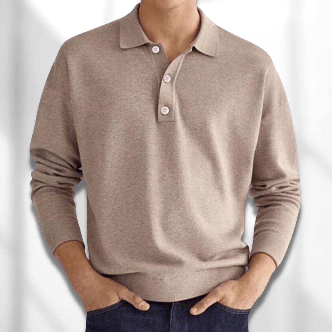 Polopullover - Herren Langarm-Poloshirt Pullover mit Kragen-Khaki-S-Chaps Herrenmode