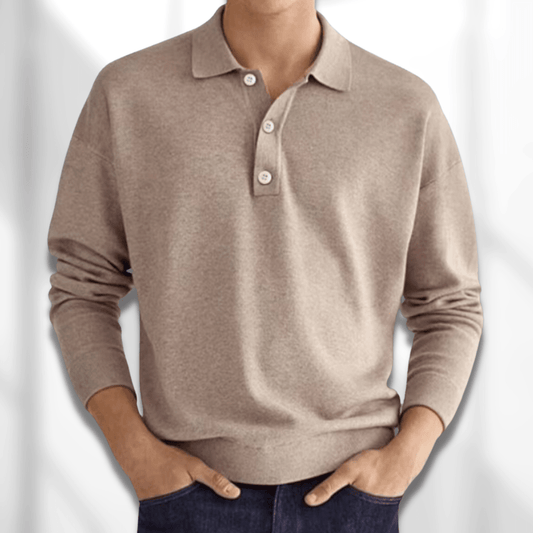 Polopullover - Herren Langarm-Poloshirt Pullover mit Kragen-Khaki-S-Chaps Herrenmode