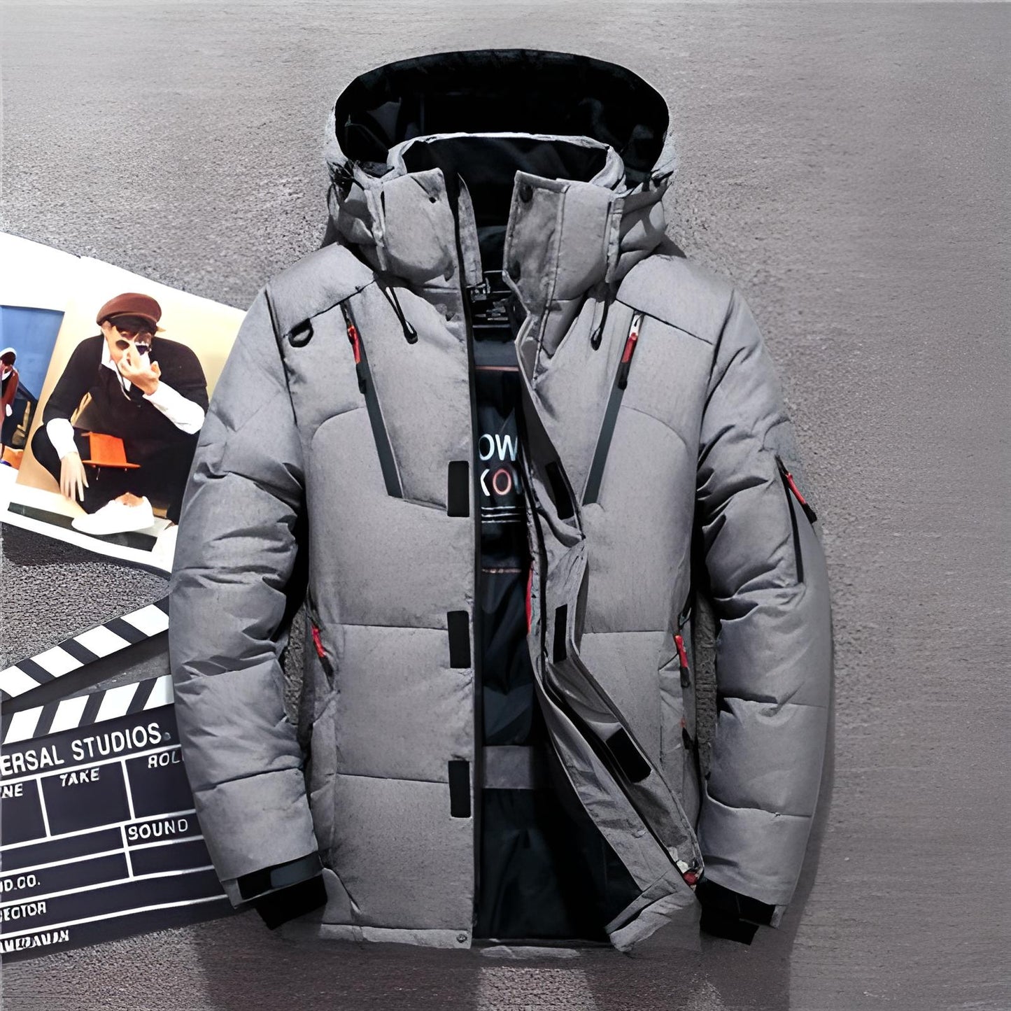 Pufferjacke - Warme Winter-Daunenjacke mit Kapuze und Reißverschluss für Männer-Grau-M-Chaps Herrenmode