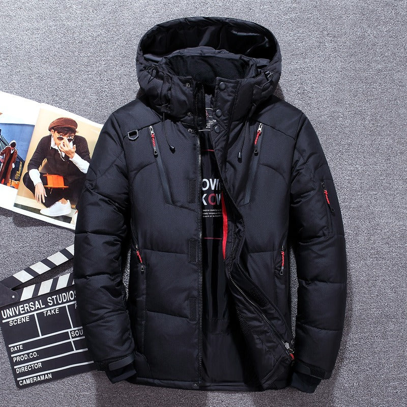 Pufferjacke - Warme Winter-Daunenjacke mit Kapuze und Reißverschluss für Männer-Schwarz-M-Chaps Herrenmode