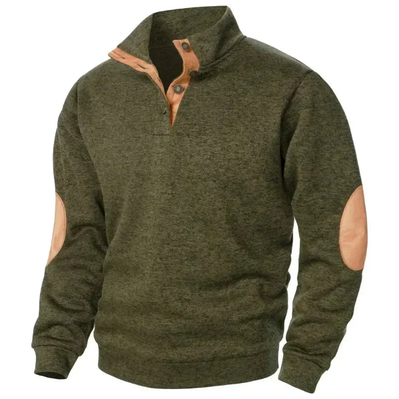 Pullover | Lässig | Ellbogenpatches | Pullover mit Knopfleiste | Herrenpullover-Armeegrün-S-Chaps Herrenmode