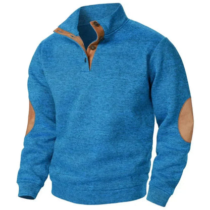 Pullover | Lässig | Ellbogenpatches | Pullover mit Knopfleiste | Herrenpullover-Blau-S-Chaps Herrenmode