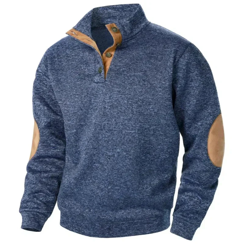 Pullover | Lässig | Ellbogenpatches | Pullover mit Knopfleiste | Herrenpullover-Marineblau-S-Chaps Herrenmode