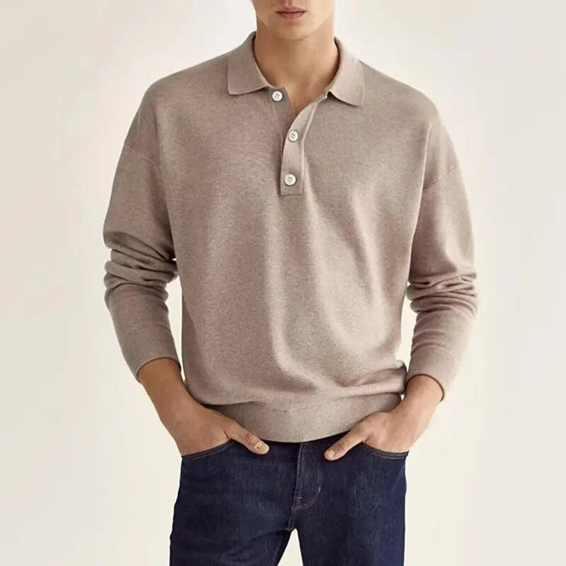Pullover-Poloshirt | mit Knöpfen | langärmlig | Strickpullover | Herren-Strickpullover-Beige-S-Chaps Herrenmode