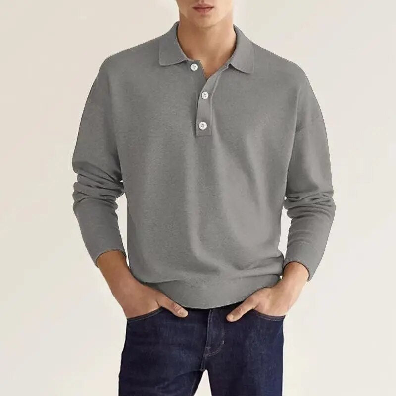 Pullover-Poloshirt | mit Knöpfen | langärmlig | Strickpullover | Herren-Strickpullover-Grau-S-Chaps Herrenmode