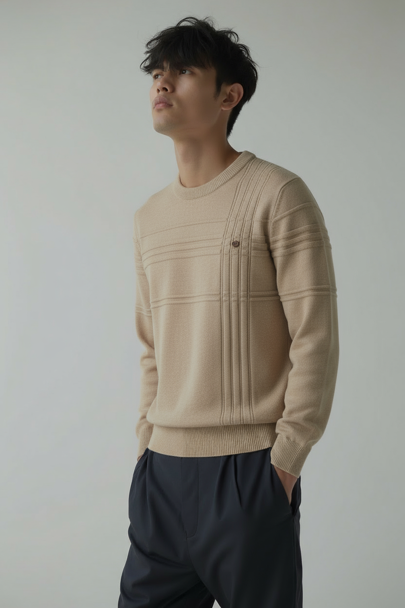 Pullover – Rundhalsausschnitt – Normale Passform – Strickpullover – Herrenpullover-Beige-S-Chaps Herrenmode