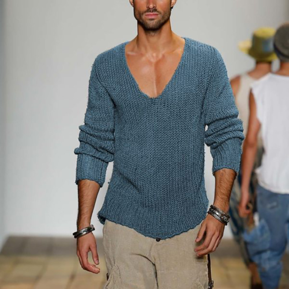 Pullover mit V-Ausschnitt - Casual - Langarm - Strickpullover - Herrenbekleidung-Blau-S-Chaps Herrenmode
